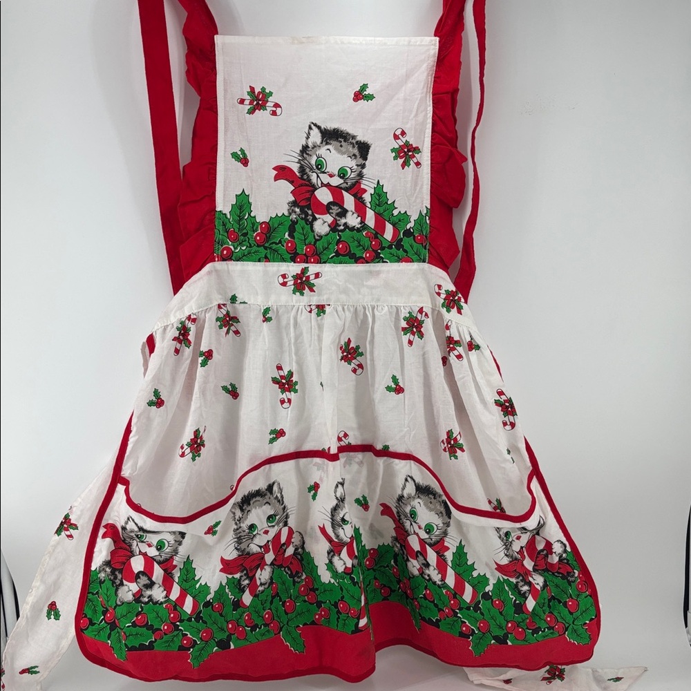 Retro vintage candy cane kitten Christmas pinafore apron